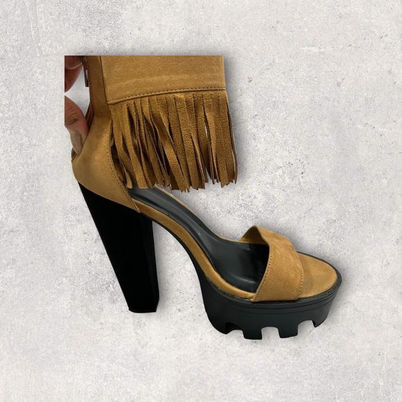 Wild Diva Vive68 fringe ankle cuff high heel platforms Chestnut (Beige) Size 10 - Picture 2 of 8